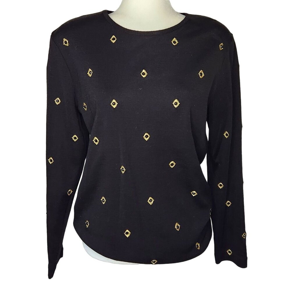 Vtg 90s Outlander Collection Black Gold Beaded Tunic Sweater Wool Blend‎ Medium